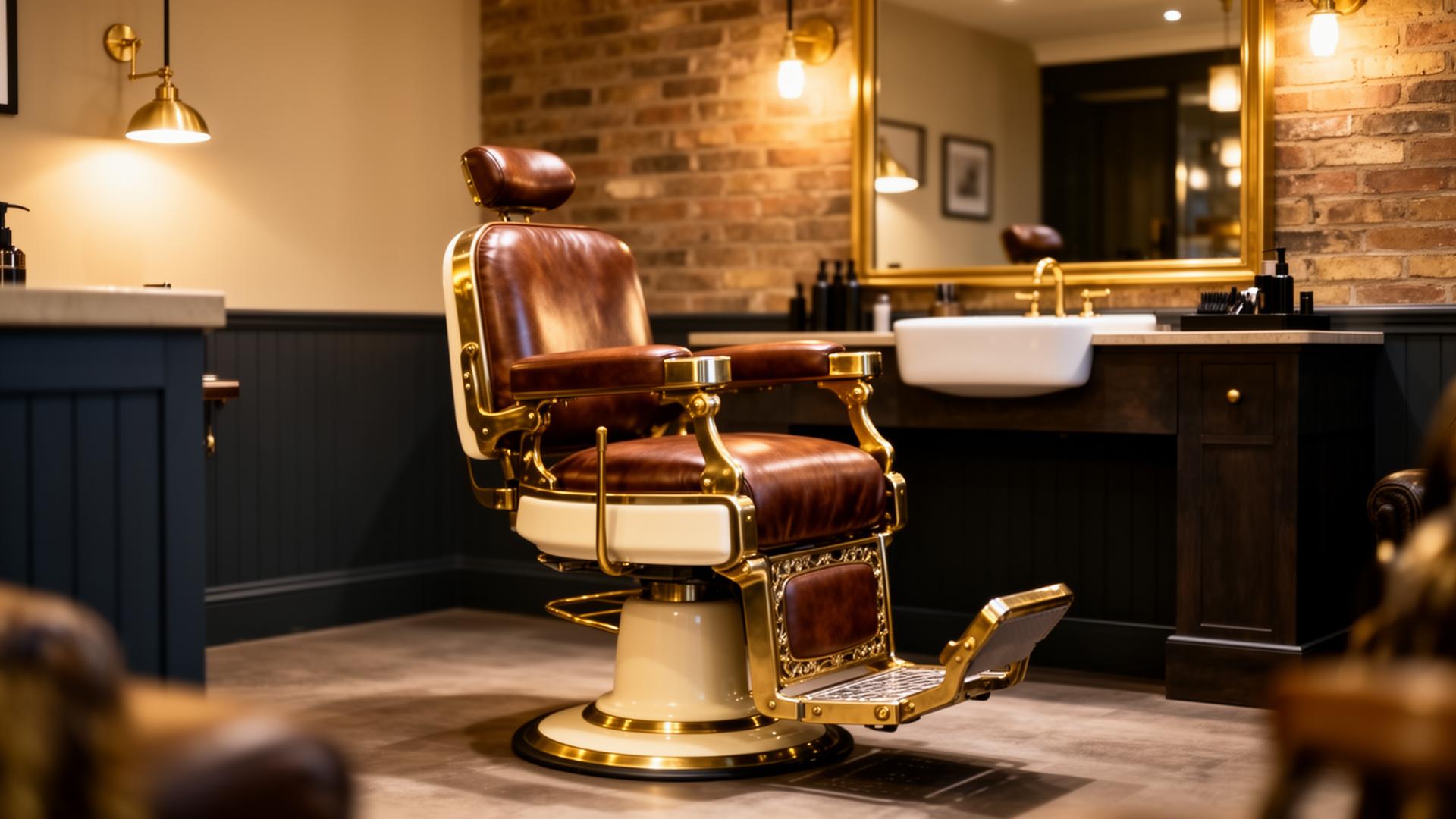 Level Up Barbershop interior with vintage leather barber chair